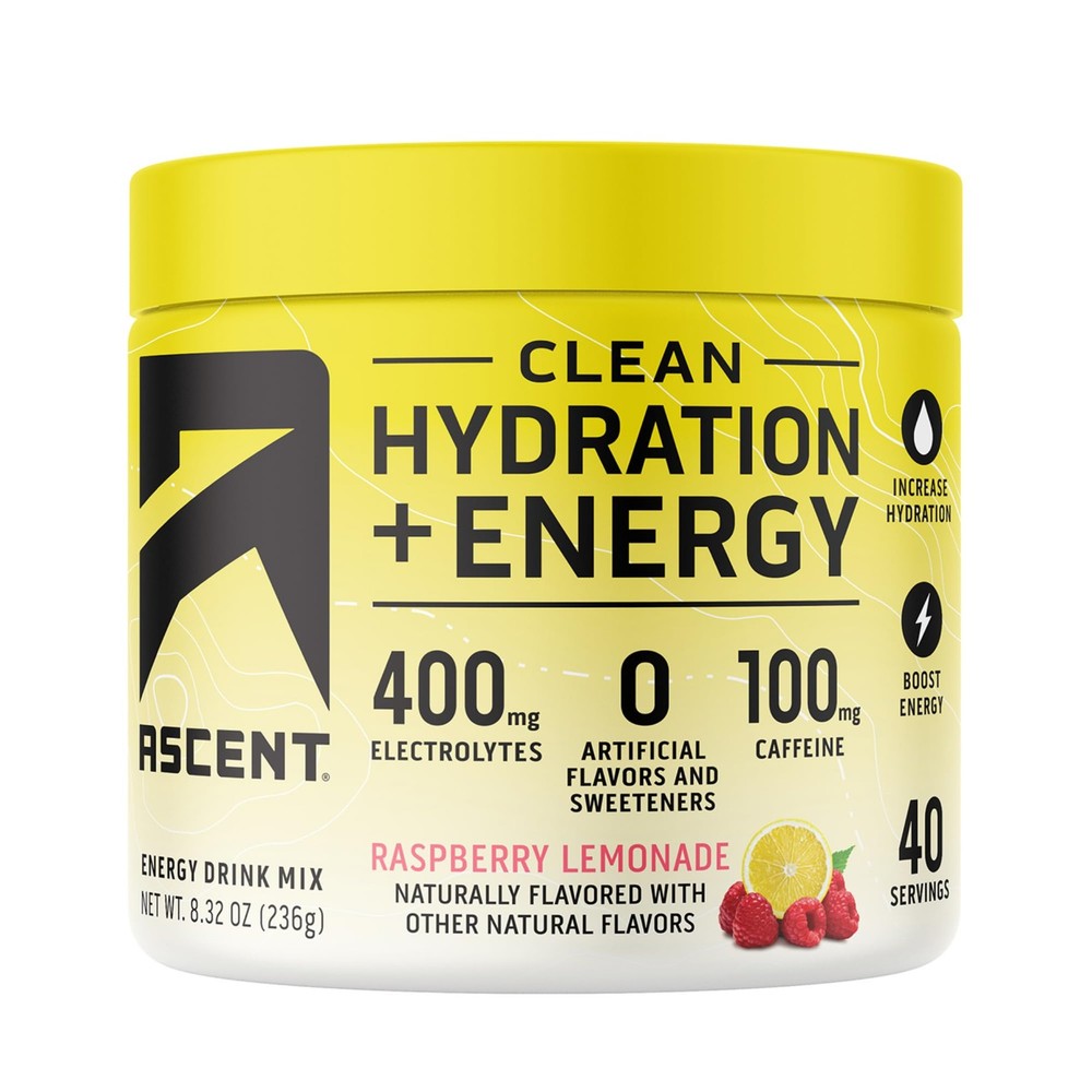 Ascent Clean Hydration + Energy Electrolytes Powder – 100mg Caffeine, 400mg Elec