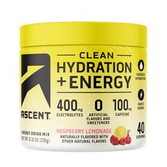 Ascent Clean Hydration + Energy Electrolytes Powder – 100mg Caffeine, 400mg Elec