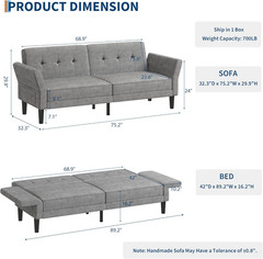 89″ Modern Futon Sofa Bed with Adjustable Backrest & Armrest