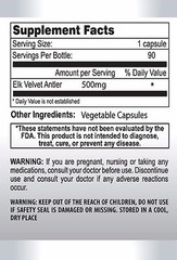 Elk Velvet Antler 500mg. Extra Strength. Energy (1 Bottle, 90 Capsules)