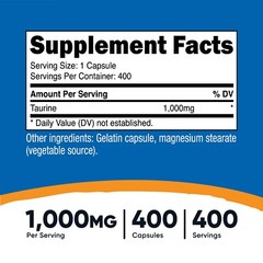 Nutricost Taurine 1000mg, 400 Capsules – Gluten Free & Non-GMO