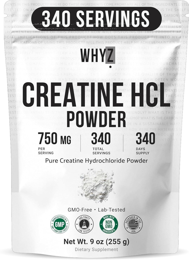Whyz Pure Creatine HCL Powder Unflavored HCL Creatine Supplement Mix Non-GMO