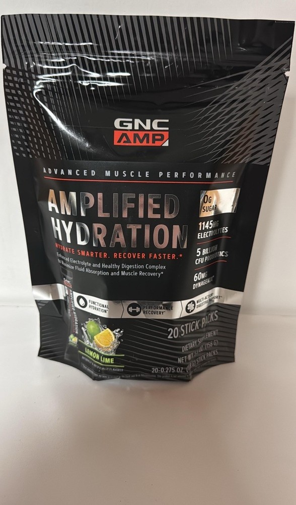 GNC AMP Amplified Hydration Electrolytes Sugar Free Lemon Lime (20 Stick Packs)