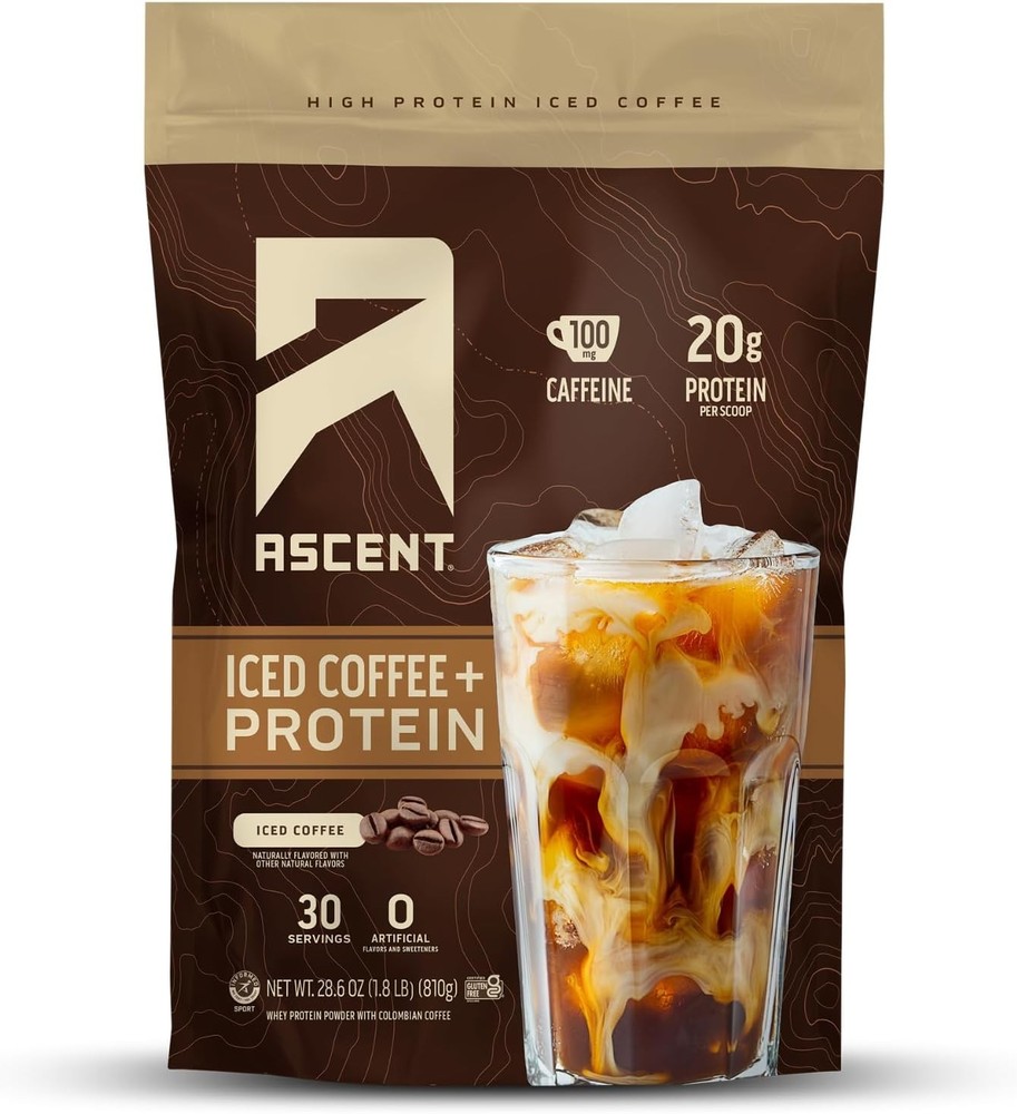 Ascent Iced Coffee High Protein Powder, 20g Protein 100 mg Caffeine 30 Servings