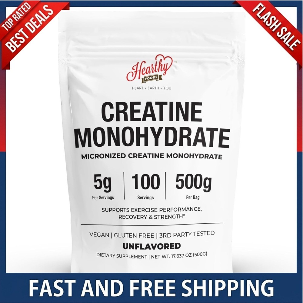 HEARTHY FOODS Creatine Monohydrate Micronized Powder 500G – 100 Servings, 5000mg