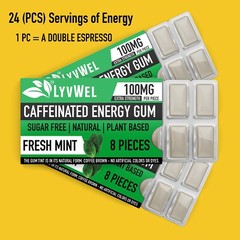 Natural Energy 100mg Caffeine Mint 3 Packs (24 pcs) Run Jog Work Out Fitness Gum