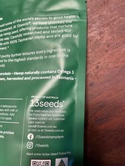 13 seeds Tasmanian hemp protein powder. Non GM, no chemicals, vegan. 7 servings