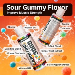 L-Carnitine Supplement Liquid 3000 mg with BCAA – Sour Gummy Flavor – 16 fl oz.