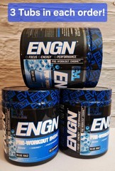 ENGN Pre-Workouts, 3 Tubs, Blue Raz, 90 Serv, 300mg caffeine, FREE EVL Shaker!