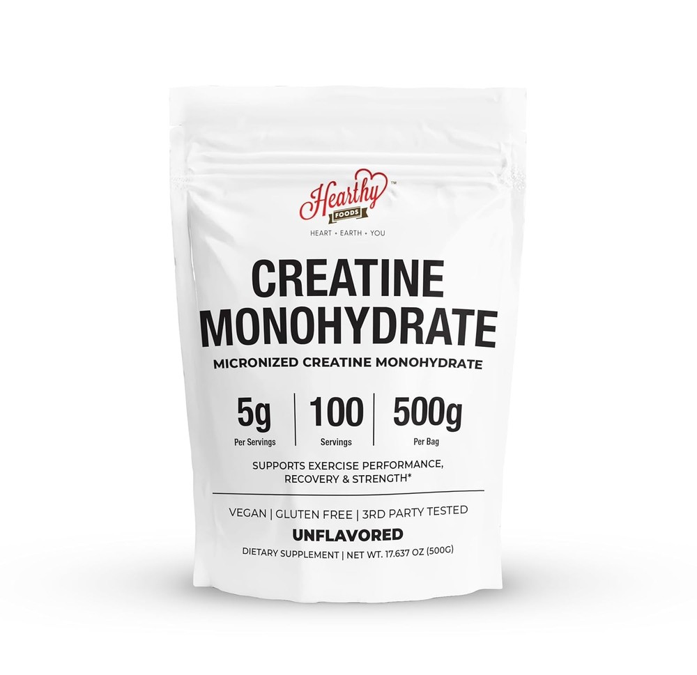 HEARTHY FOODS Creatine Monohydrate Micronized Powder 500G – 100 Servings, 5000mg