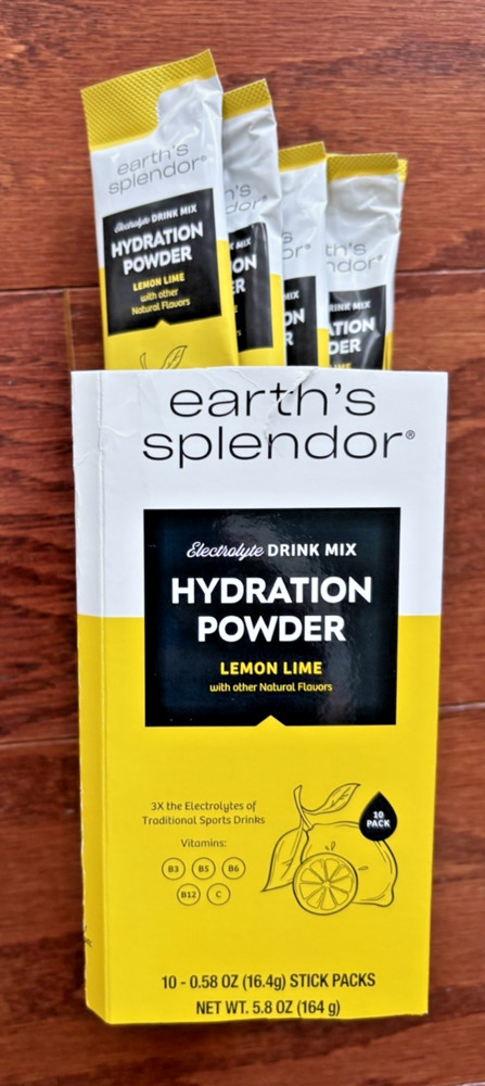 Earth’s Splendor Electrolyte Hydration Powder Drink MIx Lemon Lime 9 Packets New