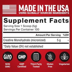 Creatine Monohydrate Powder 500g – Unflavored, 100 Servings for Peak Performance