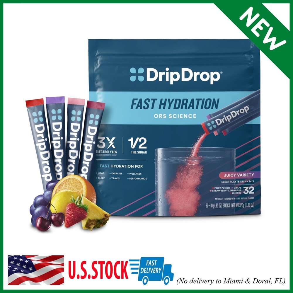 32 Servings DripDrop Hydration Juicy Variety Pack Electrolyte Drink Mix Single-S