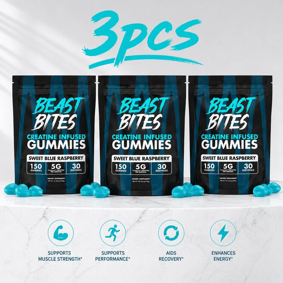 1-3 PACKS-Beast Bites Creatine Infused Gummies Sweet Blue Raspberry – 30 Serving