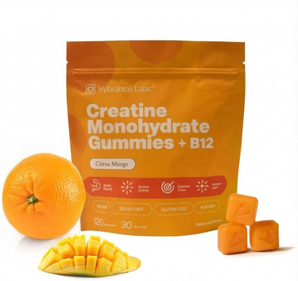 VYBRANCE LABS Creatine Gummies 5g Monohydrate Taurine B12 Vegan Citrus Mango