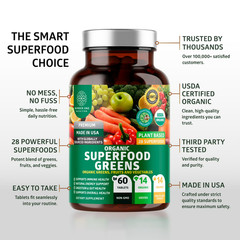 Organic Superfood Greens, 28 Greens, Fruits and Vegetable 60 tablets