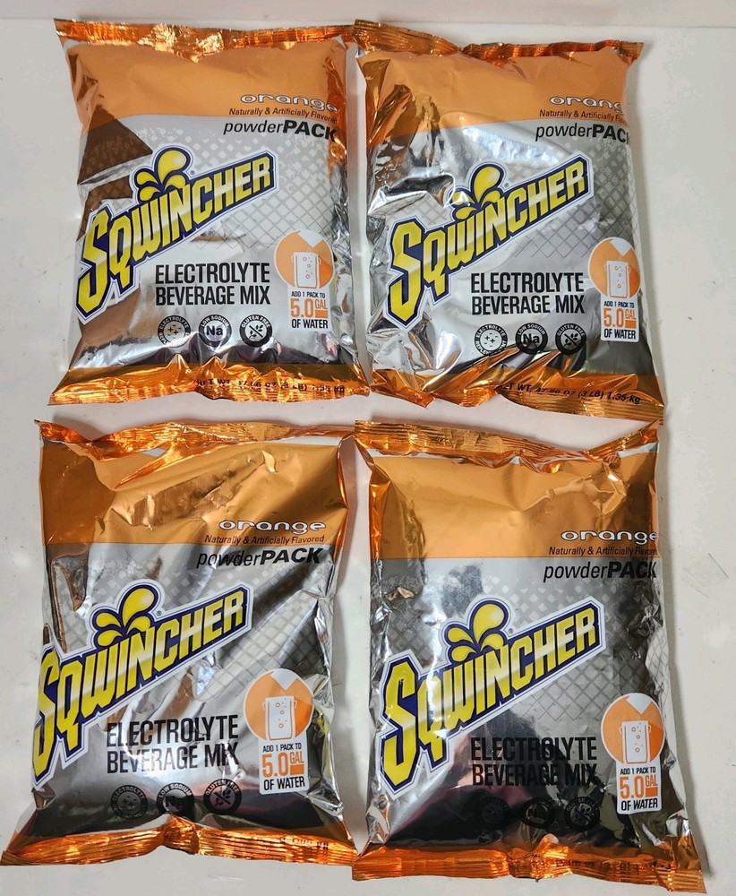 (4) 3 lb. Sqwincher Electrolyte Beverage Mix Powder Orange Yields 5 Gal/Pack