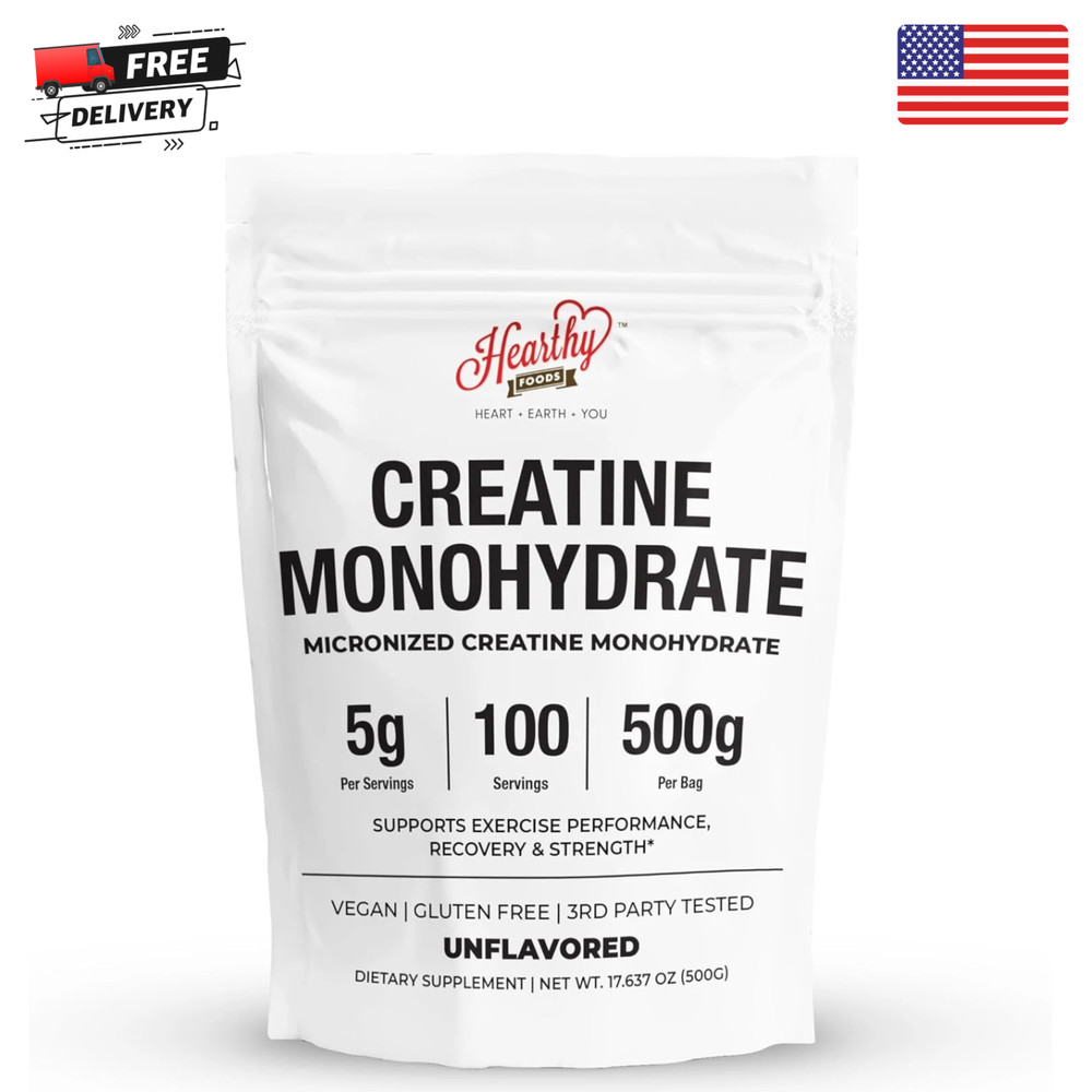 HEARTHY FOODS Creatine Monohydrate Micronized Powder 500G – 100 Servings, 5000mg