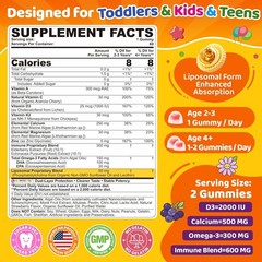 Toddler 2-3 & Kids Vitamin D3 K2 + Algae Calcium Filled Gummies, 1000 IU / 2000