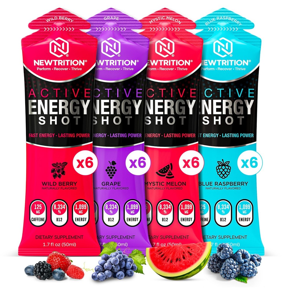 NewTrition Active Energy Shots 24ct 125mg Caffeine B12 Focus Energy Drink Pouch