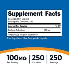 Nutricost Caffeine Pills 100mg Per Serving, 250 Capsules