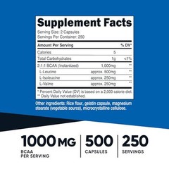 Nutricost BCAA 1000mg, 500 Capsules (250 Serv), 2:1:1 Branched Chain Amino Acids