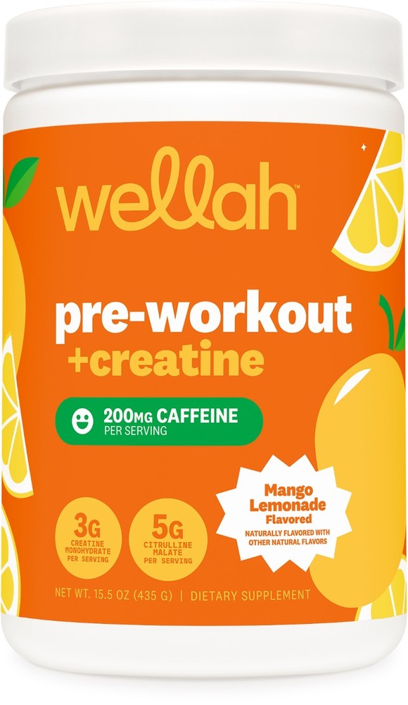 Wellah Pre-Workout + Creatine Powder (30 Servings) Mango Lemonade – 3g Creatine
