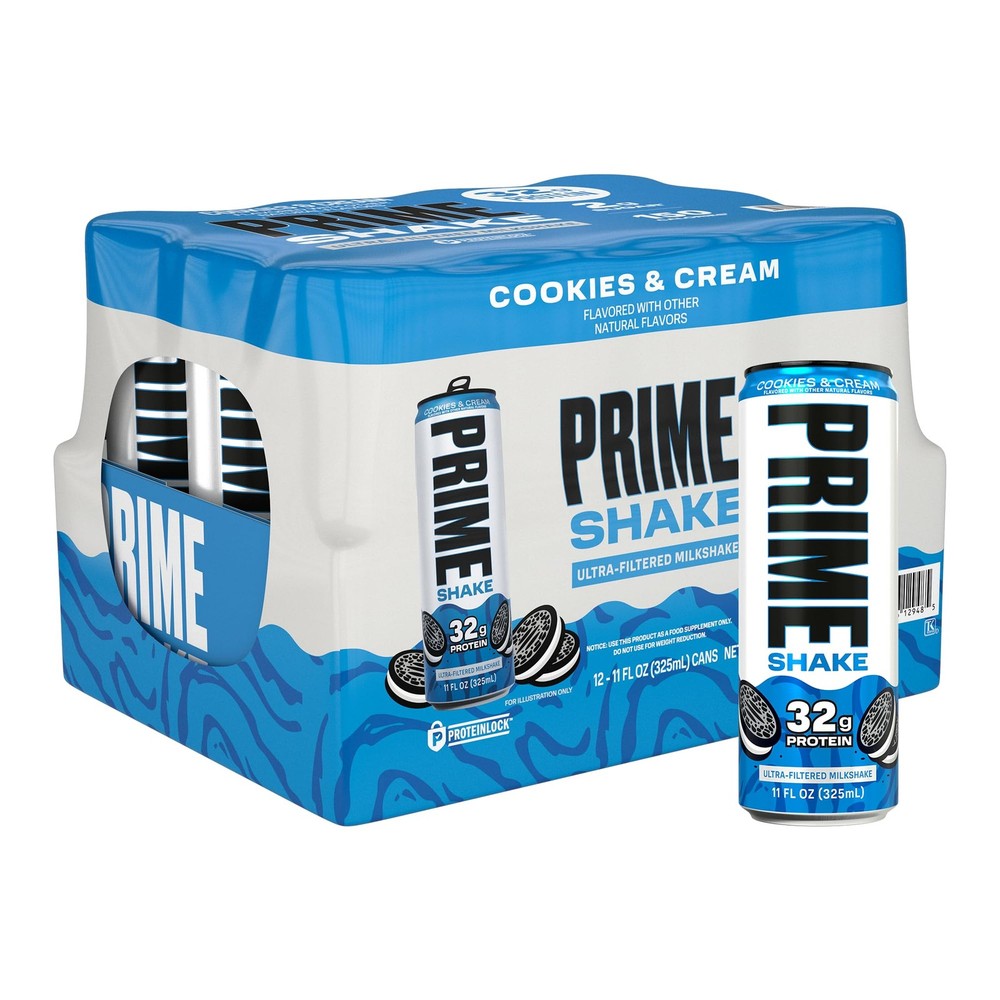 PRIME Shakes, Cookies & Cream, 32g Protein Shake for 11 Fl Oz (Pack of 12)