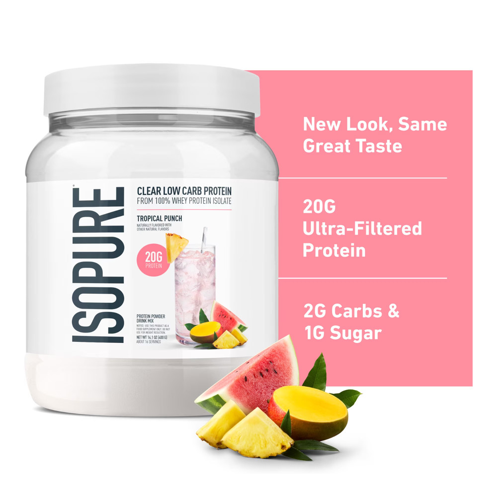 Isopure Clear Low Carb 100% Whey Protein Isolate Powder, Tropical Punch, 14 OZ