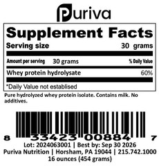 Protein powder, Hydrolyzed Whey Protein Isolate, plain, 1 pound, Puriva Nutritio