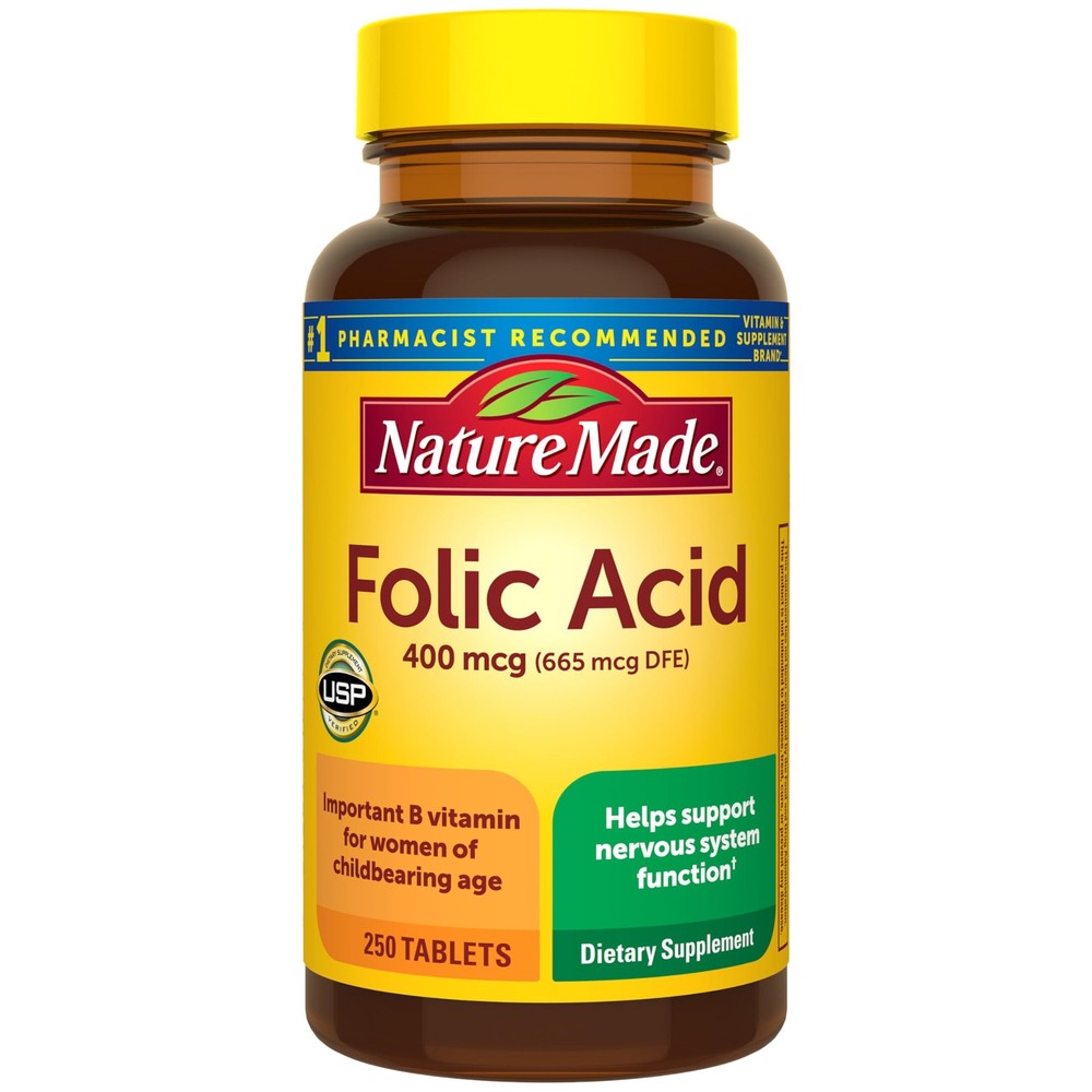 Folic Acid 400 mcg (665 mcg DFE) Dietary Supplement for Nervous System Function,