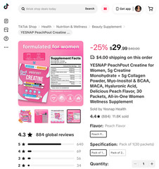 YESNAP PeachPout Creatine for Women 5g Collagen BCAA Peach 30 Packets