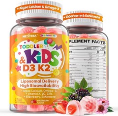 Toddler 2-3 & Kids Vitamin D3 K2 + Algae Calcium Filled Gummies, 1000 IU / 2000