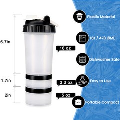 Hydro2Go 16 OZ Protein Shaker Bottle with Mixer Ball and 2 Interlocking Storage