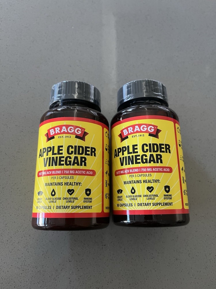 BRAGG Apple Cider Vinegar 90 Capsules EACH 750 Mg Acetic Acid ( 2PK BUNDLE)2027