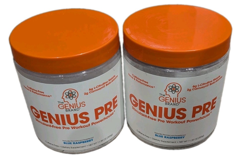 LOT OF 2 The Genius Brand Genius Pre-Workout Powder Blue Raspberry 11.35oz 12/26