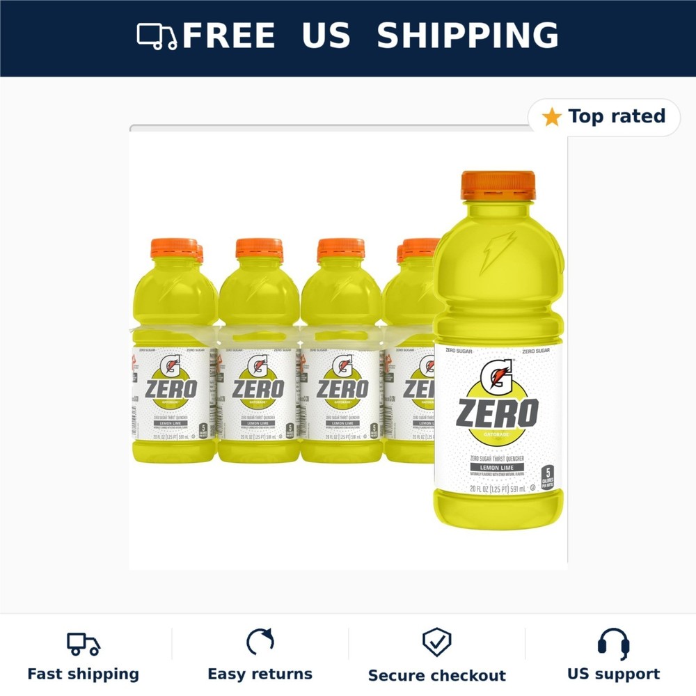 Gatorade Zero Sugar Thirst Quencher Sports Drink, Lemon-Lime, 20 oz (Pack of 8)