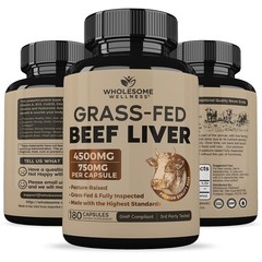 Wholesome Wellness Grass Fed Desiccated Beef Liver Capsules (180 Pills, 750mg Ea