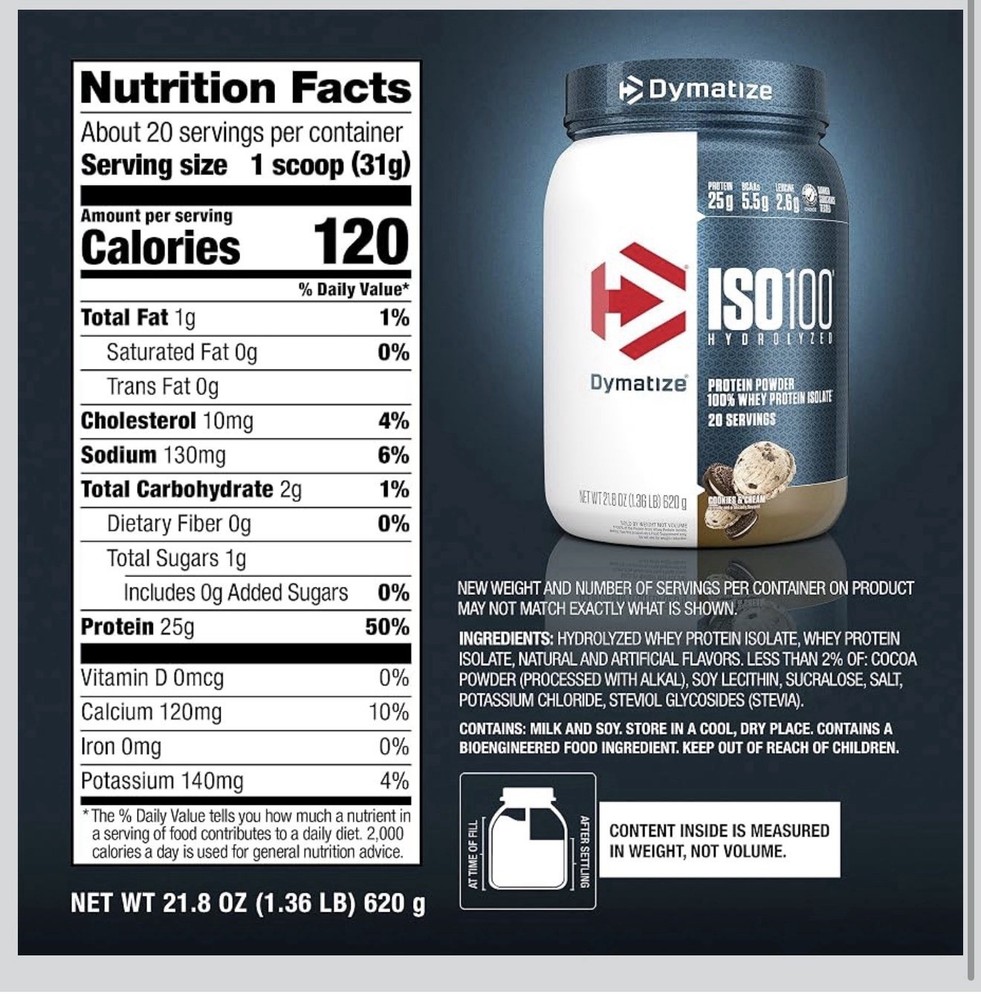 Dymatize ISO100 Hydrolyzed Whey Isolate Cookies & Cream 1.36lb 20Sv