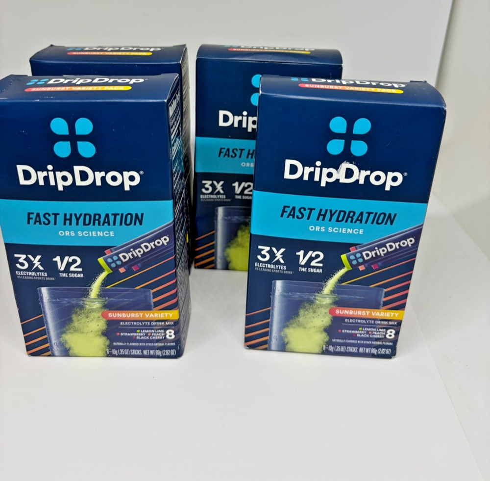 (4) DripDrop Hydration – Electrolyte Powder Packets -Sunburst Variety BB 12/28+