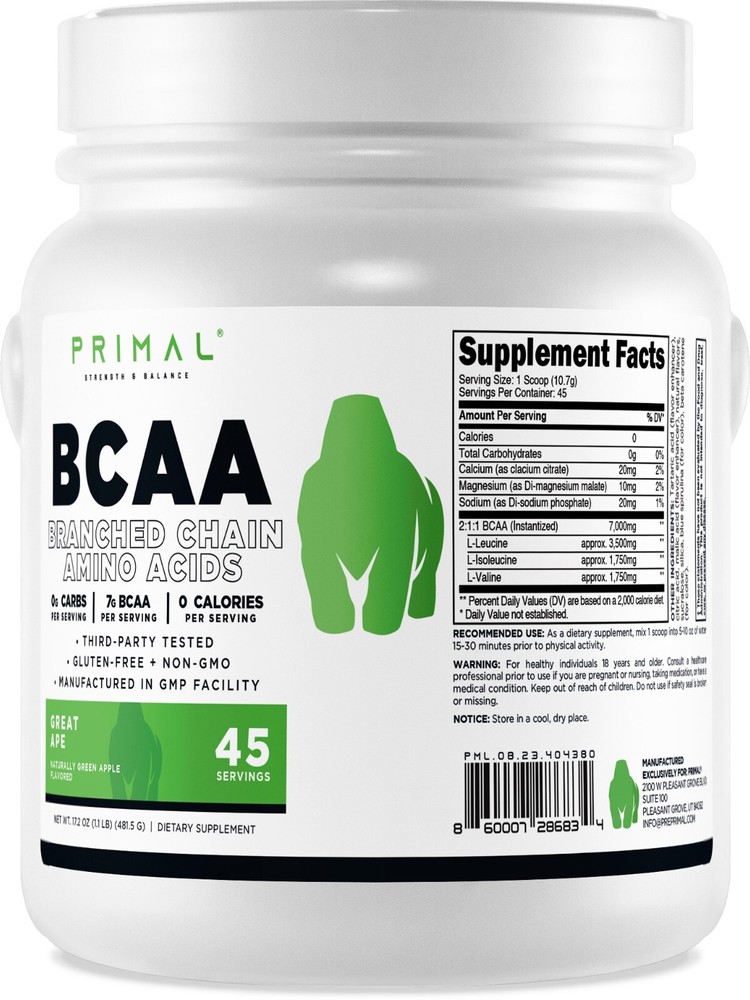 Primal BCAA Powder Great Ape (45 SERV) (Green Apple Flavored) – 0 g Carbs