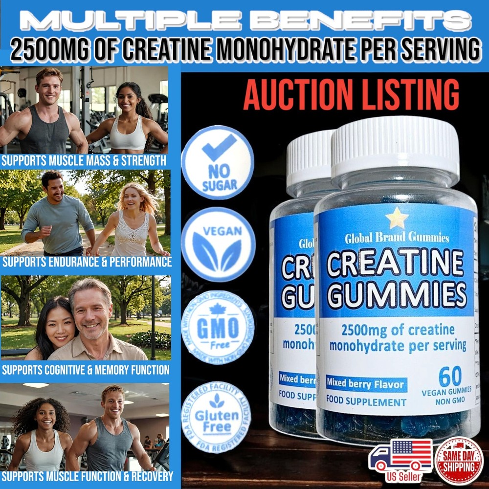 2 x Bottle Lot CREATINE GUMMIES 2500MG Creatine Monohydrate 120 Ct Auction