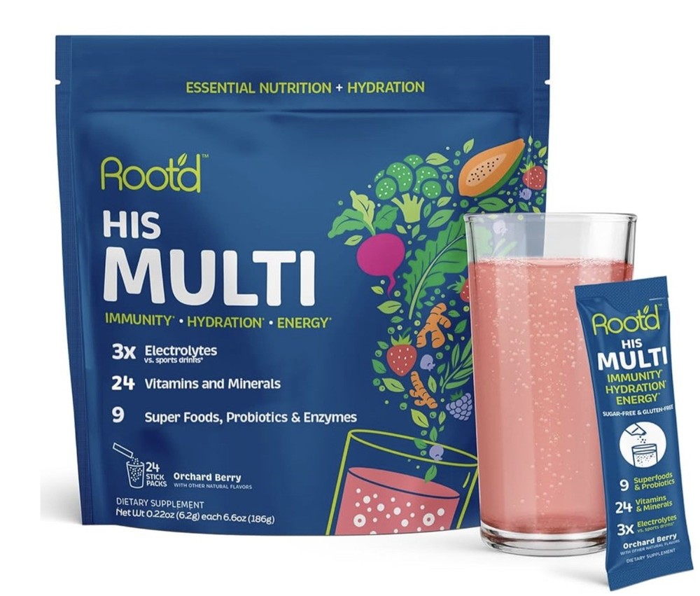 ROOT’D HIS MULTI IMMUNITY HYDRATION, ENERGY ORCHARD BERRY 50 POWDER PACKETS.