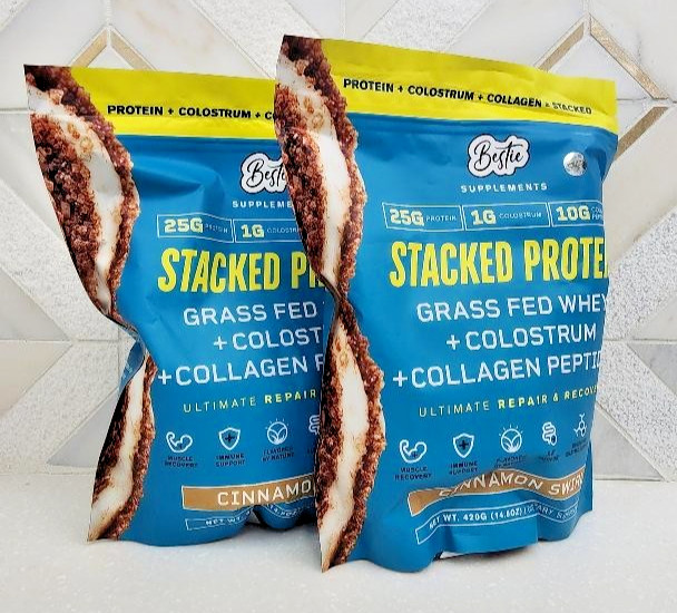 BESTIE STACKED PROTEIN GRASS FED WHEY cinnamon swirl 17oz (lot of 2) exp.11/27