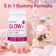 Jovi Glow+ NAD+ & Collagen Gummies, Multi-Type Hydrolyzed Collagen Peptides, Res