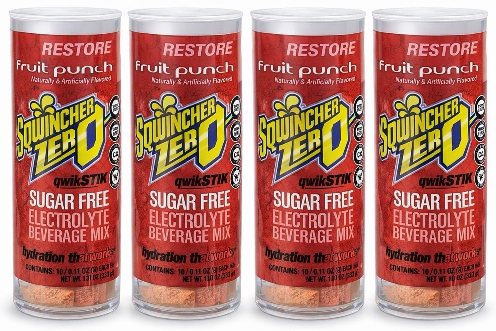 4 Packs of 10 Sqwincher Qwik Stik Powder Mix ZERO Fruit Punch Flavor (0.11 oz)