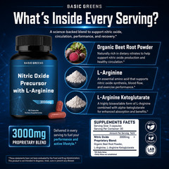 BASIC GREENS L-Arginine 3000mg Nitric Oxide Supplement Beet Root Vegan 90 Caps