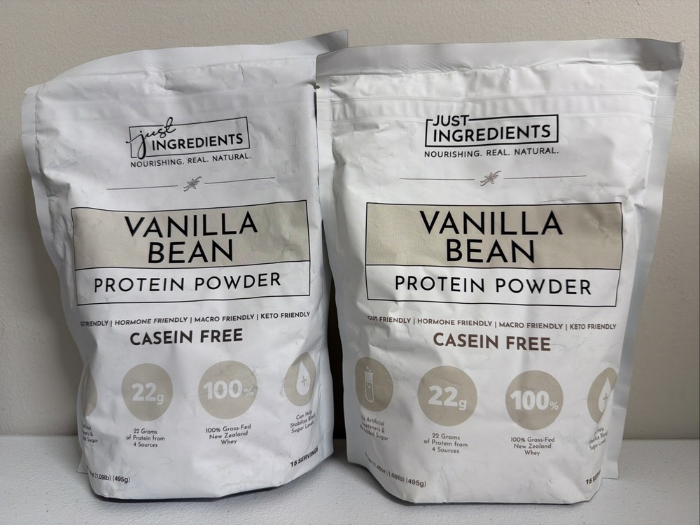 NEW 2xJust Ingredients Vanilla Bean Protein Powder – Clean, Natural 15 serv each