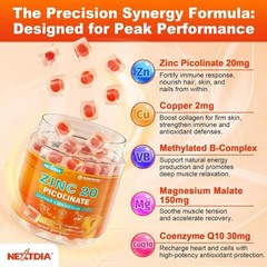 Zinc Picolinate Gummies, Chelated Organic Zinc 20mg + Copper 2mg Supplements