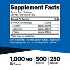 Nutricost BCAA Capsules 2:1:1 500mg, 500 Capsules
